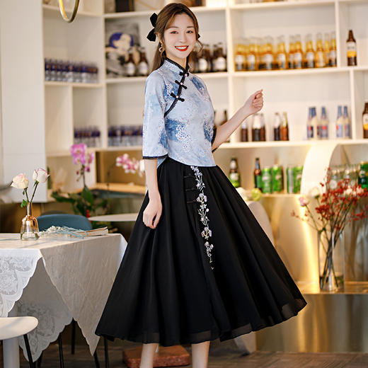 BJ-2115春夏季新款少女清新雪纺旗袍 日常清新改良旗袍连衣裙套装 商品图1