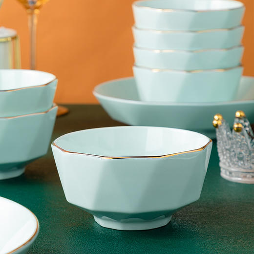 【传统青瓷，中华之瓷】轻奢青瓷钻石纹描金边釉下彩 餐具 简约风格防烫 碗碟套装陶瓷餐具家用吃饭碗菜盘套装 商品图10