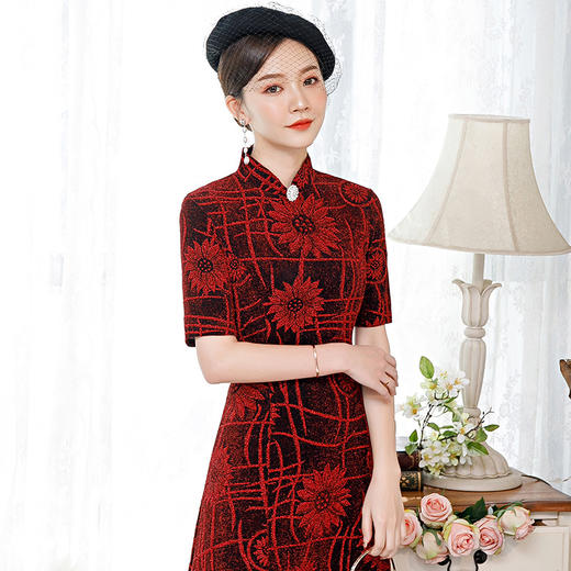 BJ-232旗袍新款亮丝绒复古改良大摆旗袍连衣裙长款修身显瘦日常改良旗袍 商品图1