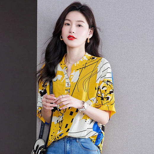 KQL A83N8599民族风棉麻衬衫宽松大码T恤 商品图1