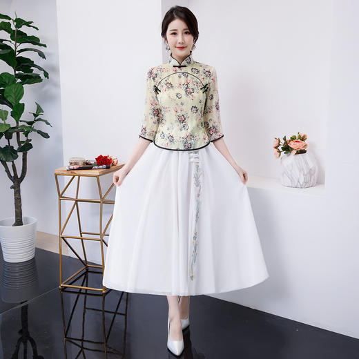 BJ-1914春夏新款真丝小碎花旗袍 复古民族风少女旗袍连衣裙两件套 商品图0