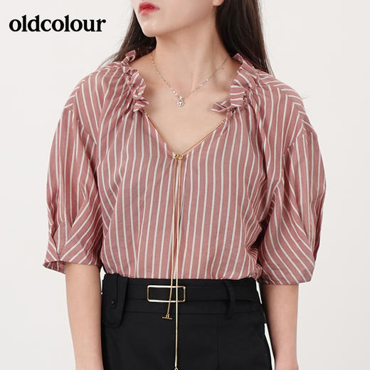 oldcolour夏法式翻领气质灯笼袖设计感粉色条纹衬衫N23011323 商品图2