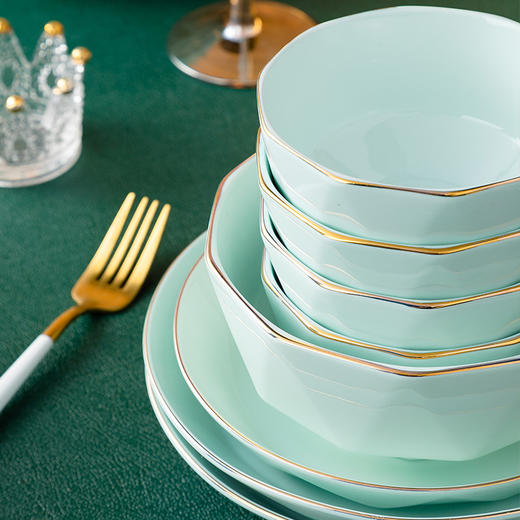 【传统青瓷】轻奢青瓷钻石纹描金边釉下彩 餐具 简约风格防烫 碗碟套装陶瓷餐具家用吃饭碗菜盘套装 商品图4