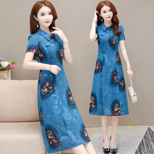 YWE-JC440夏季新款短袖气质优雅印花连衣裙女中长款复古改良版旗袍裙 商品图1