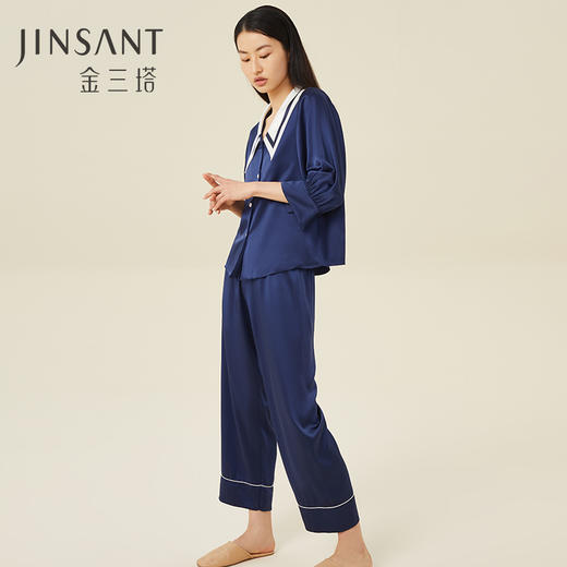 金三塔重磅100%桑蚕丝时尚尖领 宽松版型 舒适凉感家居服套装真丝睡衣 YSFCB206 商品图2