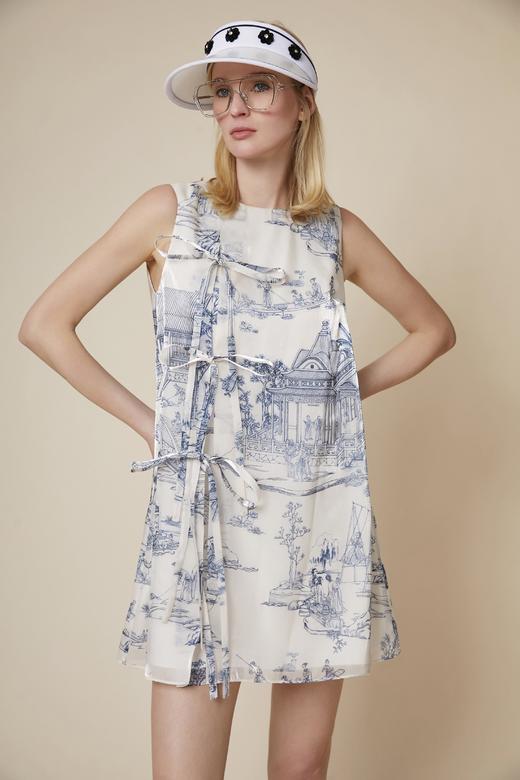 雍正十二月行乐图印花水晶纱飘带无袖连衣裙 商品图2