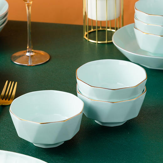【传统青瓷】轻奢青瓷钻石纹描金边釉下彩 餐具 简约风格防烫 碗碟套装陶瓷餐具家用吃饭碗菜盘套装 商品图8