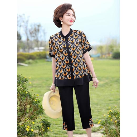 613548-118 妈妈夏装短袖T恤衬衫中年妇女装洋气雪纺上衣中老年大码薄款套装 商品图2