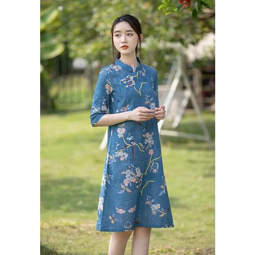 JTFS318新款复古文艺中式低领中袖棉麻大摆印花连衣裙 商品图0
