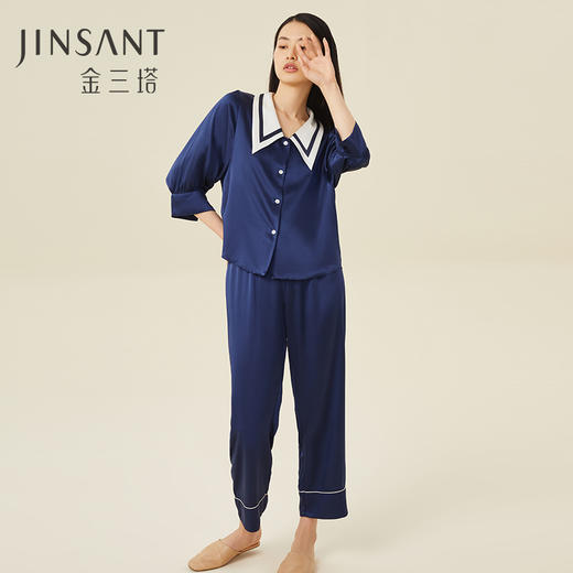 金三塔重磅100%桑蚕丝时尚尖领 宽松版型 舒适凉感家居服套装真丝睡衣 YSFCB206 商品图1