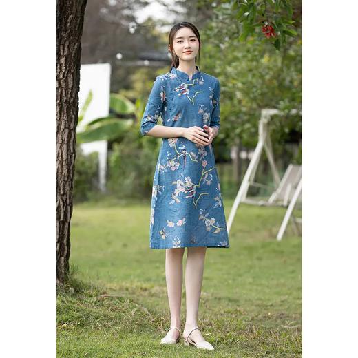 JTFS318新款复古文艺中式低领中袖棉麻大摆印花连衣裙 商品图3