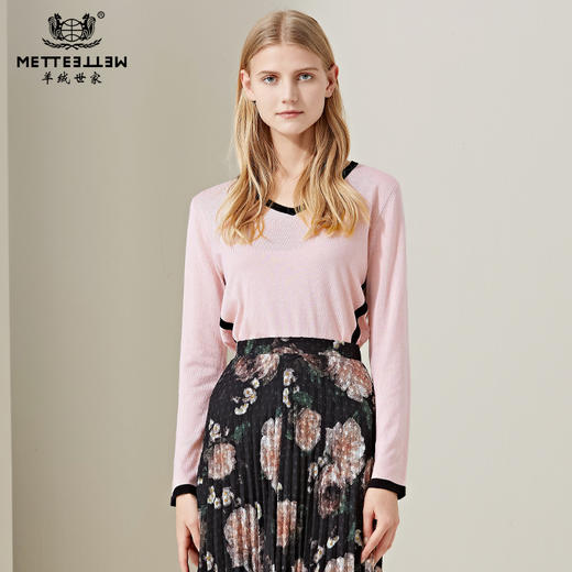 METTE2020春夏新品女士V领100%羊毛衫时尚撞色薄款内搭修身毛衣 商品图0