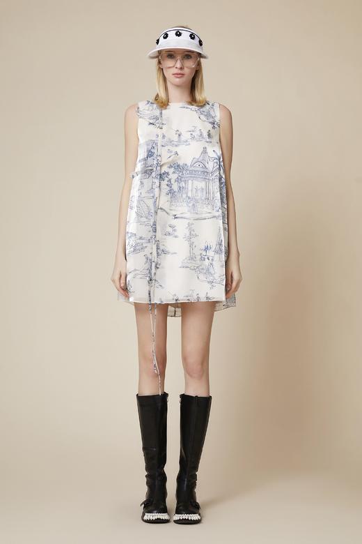 雍正十二月行乐图印花水晶纱飘带无袖连衣裙 商品图1