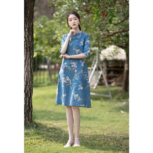 JTFS318新款复古文艺中式低领中袖棉麻大摆印花连衣裙 商品图1