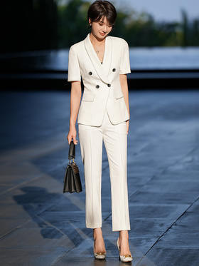 白色西装套装女夏短袖双排扣工作服高端职业装气质西服正装