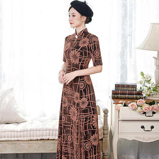 BJ-232旗袍新款亮丝绒复古改良大摆旗袍连衣裙长款修身显瘦日常改良旗袍 商品图2