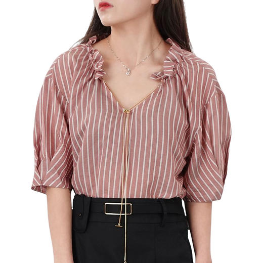 oldcolour夏法式翻领气质灯笼袖设计感粉色条纹衬衫N23011323 商品图3