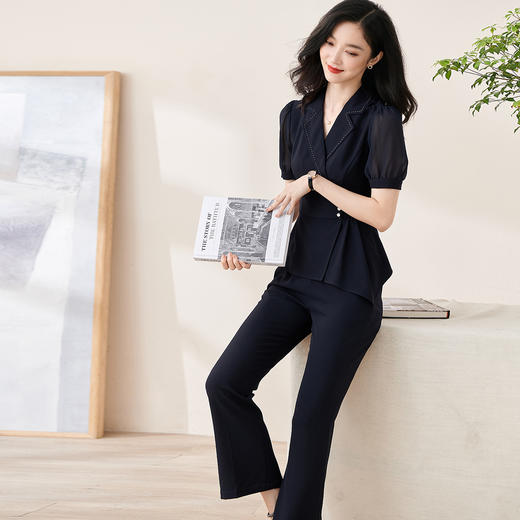 剩M 米思阳2022夏季新款通勤休闲时尚套装修身短袖上衣长裤两件套1640 商品图0
