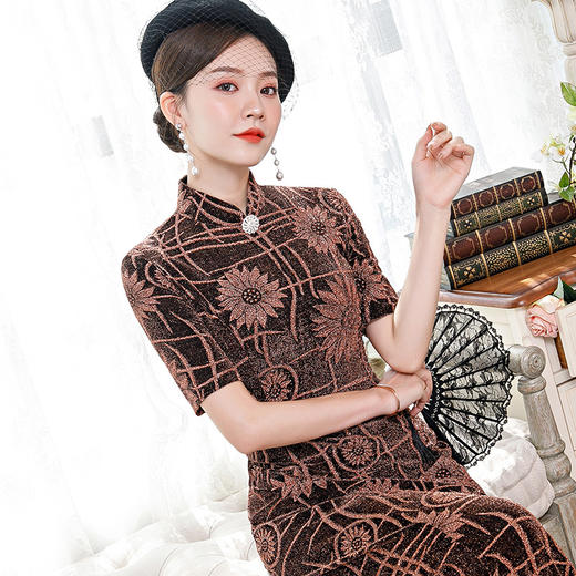 BJ-232旗袍新款亮丝绒复古改良大摆旗袍连衣裙长款修身显瘦日常改良旗袍 商品图3