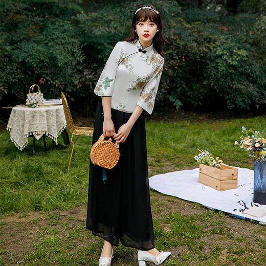 新款四面弹旗袍套装 日常小清新旗袍连衣裙两件套BJ2145 商品图2