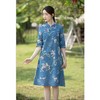 JTFS318新款复古文艺中式低领中袖棉麻大摆印花连衣裙 商品缩略图2