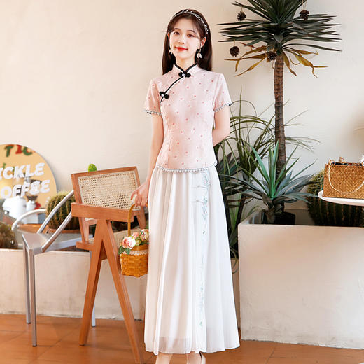 BJ-22002春季新款棉麻长款旗袍套装两件套 气质短袖改良旗袍连衣裙 商品图3