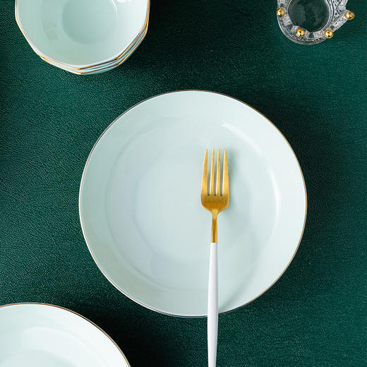 【传统青瓷，中华之瓷】轻奢青瓷钻石纹描金边釉下彩 餐具 简约风格防烫 碗碟套装陶瓷餐具家用吃饭碗菜盘套装 商品图11