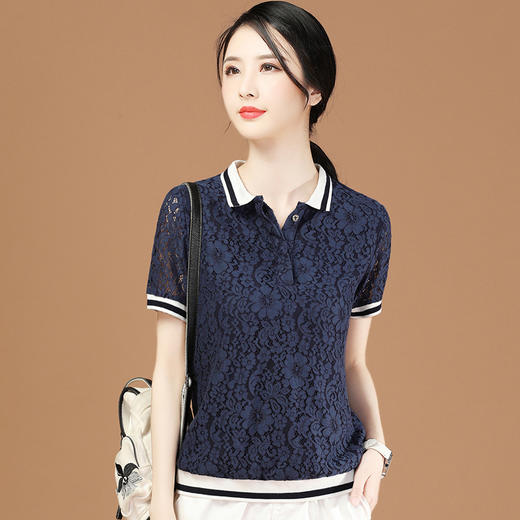POLO领短袖蕾丝上衣宽松薄款夏装镂空遮肚雪纺衬衫 GYM-M0680 商品图0