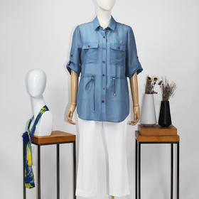 FOCALS福柯斯春夏新款可调节七分袖工装风休闲纯色衬衫FRR2S156B8