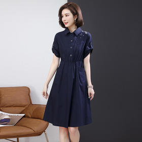 HR WL6626-19刺绣衬衫连衣裙收腰气质纯色裙