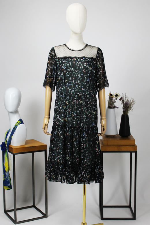 FOCALS福柯斯夏季圆领短袖雪纺印花拼接中长款连衣裙FRG2X100NV 商品图4