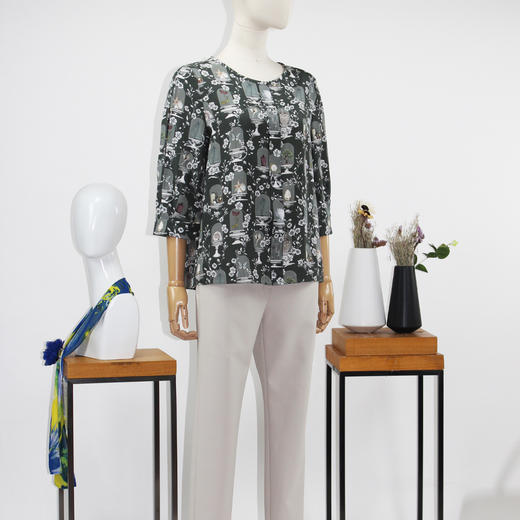 FOCALS福柯斯夏季新款桑蚕丝圆领七分袖印花套头上衣FRR2N088GV 商品图1