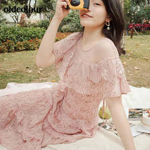 oldcolour专柜款不规则露肩蕾丝连衣裙女中长款夏M24101155 商品图1
