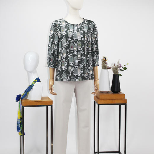 FOCALS福柯斯夏季新款桑蚕丝圆领七分袖印花套头上衣FRR2N088GV 商品图0