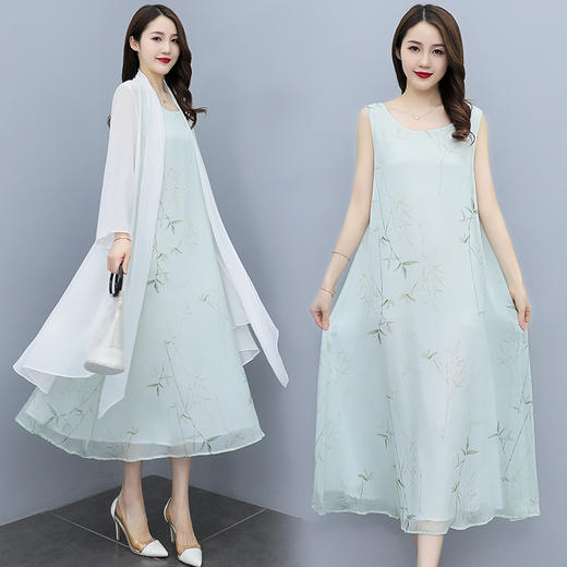 舒适百搭，印花无袖雪纺连衣裙披肩两件套HR-XMRS2153 商品图1
