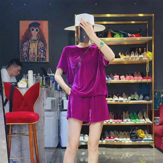 丁摩 进口丝绒夏季时尚短袖上衣短裤套装女薄款运动套装Q121166(21-179)HS-DY199 商品图1