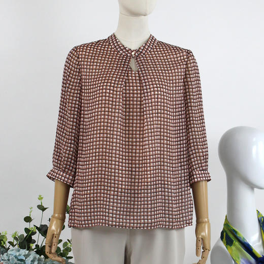 FOCALS福柯斯春夏新款休闲七分袖格子印花套头上衣衬衫F2YBN239JP 商品图0