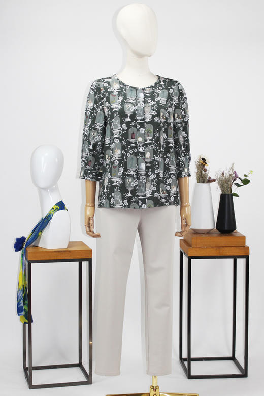 FOCALS福柯斯夏季新款桑蚕丝圆领七分袖印花套头上衣FRR2N088GV 商品图4