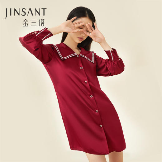 金三塔100%桑蚕丝 丝滑凉感 小香风衬衫式女士真丝翻领睡裙家居服  YSFCC302 商品图0