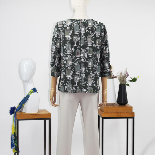 FOCALS福柯斯夏季新款桑蚕丝圆领七分袖印花套头上衣FRR2N088GV 商品图2