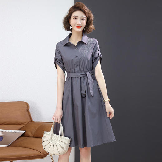 HR WL6626-19刺绣衬衫连衣裙收腰气质纯色裙 商品图1