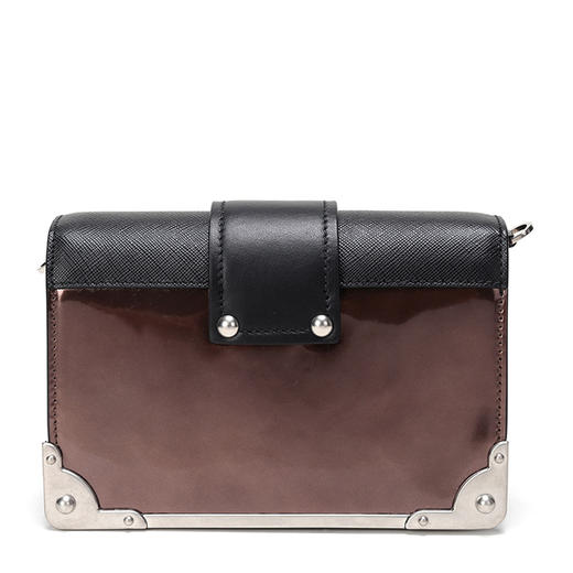 PRADA 普拉达 女士 Cahier系列 Saffiano 皮革金属刻字徽标黑拼棕色斜挎单肩包 黑色 1BH018 2B1E F0N52 WCH 商品图2