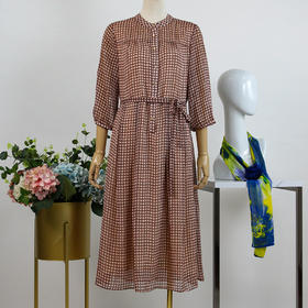 FOCALS福柯斯夏季圆领七分袖雪纺印花中长款连衣裙F2YBX250JP