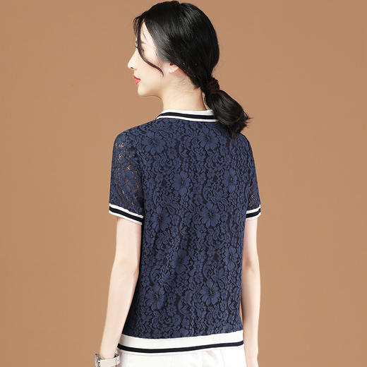 POLO领短袖蕾丝上衣宽松薄款夏装镂空遮肚雪纺衬衫 GYM-M0680 商品图1