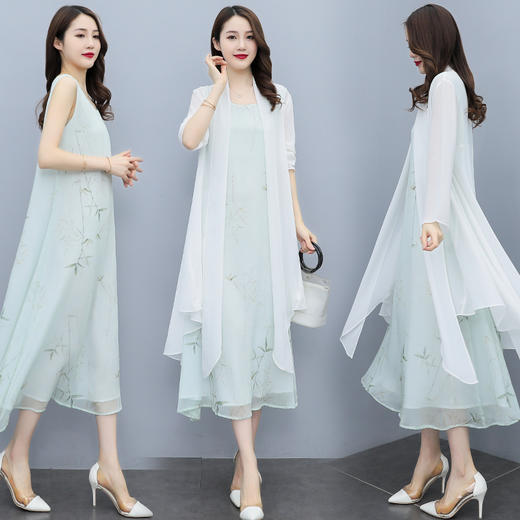 舒适百搭，印花无袖雪纺连衣裙披肩两件套HR-XMRS2153 商品图0