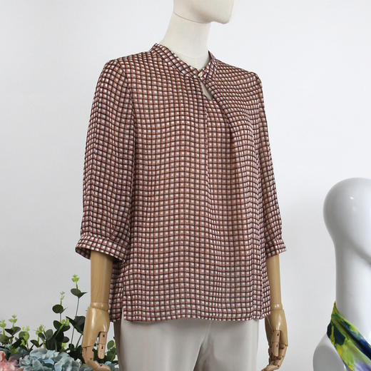 FOCALS福柯斯春夏新款休闲七分袖格子印花套头上衣衬衫F2YBN239JP 商品图1