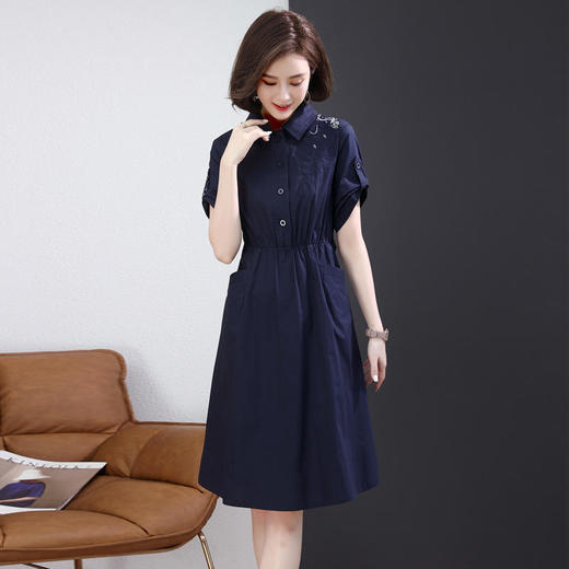 HR WL6626-19刺绣衬衫连衣裙收腰气质纯色裙 商品图2