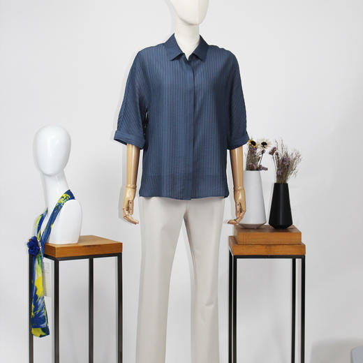 FOCALS福柯斯春夏新款直筒休闲连肩袖五分袖褶皱衬衫FRR2S139BA 商品图0