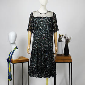 FOCALS福柯斯夏季圆领短袖雪纺印花拼接中长款连衣裙FRG2X100NV