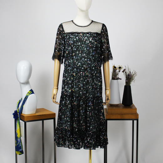 FOCALS福柯斯夏季圆领短袖雪纺印花拼接中长款连衣裙FRG2X100NV 商品图0